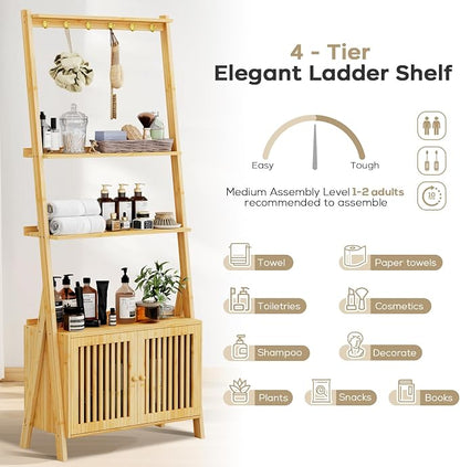 Bookcase with Drawers, 4-Tier Bamboo Bookshelf Ladder Shelf with 6 Hooks - Image 8
