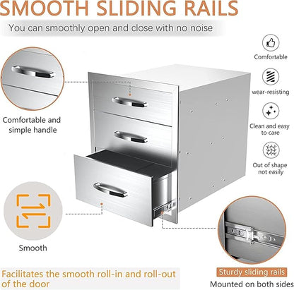 Outdoor Kitchen Stainless Steel Triple Access BBQ Drawers With Handle For BBQ Island Patio Grill Station,Three Drawers