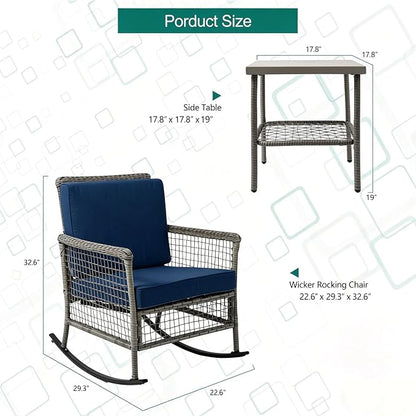 DECMICO 3-Piece Wicker Rocking Chair Set, Outdoor Patio Furniture | Navy - Image 2
