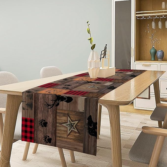 Vintage Bear Deer Table Runner, Rustic Western Farmhouse Hunting Theme Wildlife Animal Checkered Table Runner for Outdoor Dining Kitchen Camping Party 13x60in