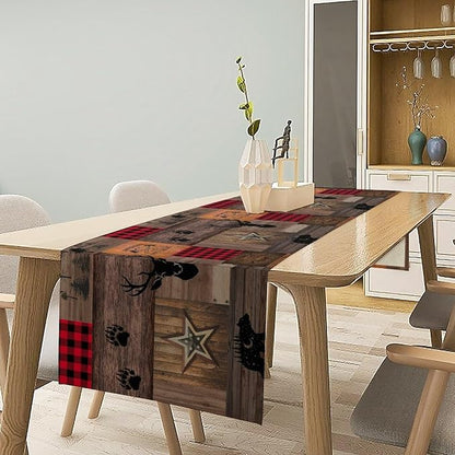 Vintage Bear Deer Table Runner, Rustic Western Farmhouse Hunting Theme Wildlife Animal Checkered Table Runner for Outdoor Dining Kitchen Camping Party 13x36in