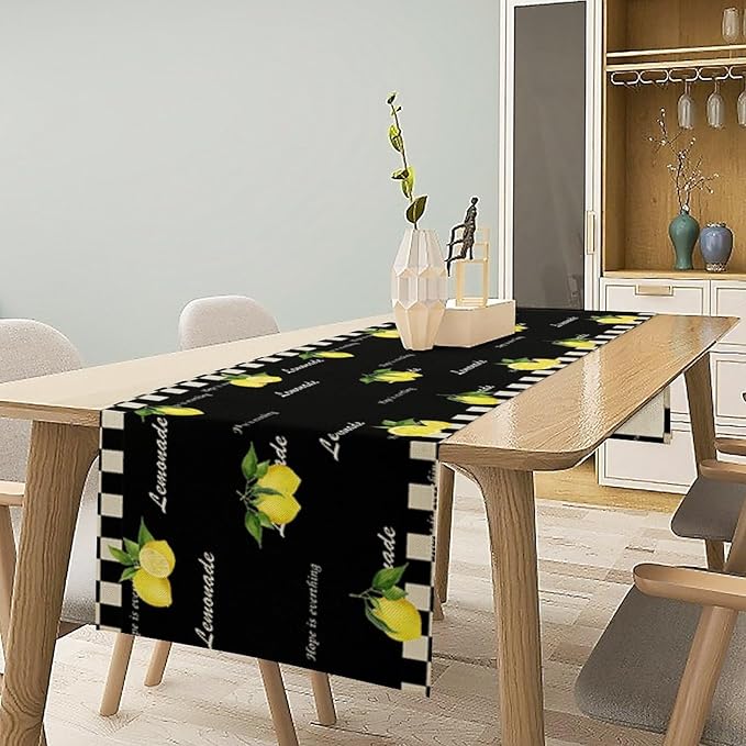 Lemon Table Runner,White Black Buffalo Plaid Watercolor Summer Fruit Print Table Runner for Kitchen Dining Table Indoor Outdoor Home Party Decor 13x70in