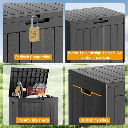 KAMABOKO Deck Box, 32 Gallon Resin Indoor and Outdoor Storage Boxes Waterproof for Garden Tools, Pool Accessories Storage Bench, Patio Furniture and Cushions with Lockable Lid, Black