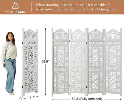 5.75Ft Room Divider Wood Screen, 33Lbs Durable Antiqued Style MDF Carved Headboard, Reversible Freestanding Folding Partition Paravent for Home Office, 69 * 71 inch(H*W) - 4 Panels (Rustic White)