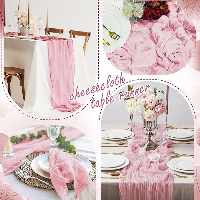 8 Packs Cheesecloth Table Runner 10FT Long Boho Gauze Fabric Table Runner Vintage Rustic Sheer Runners for Wedding Party Bridal Baby Shower Table Decorations (Light Pink)