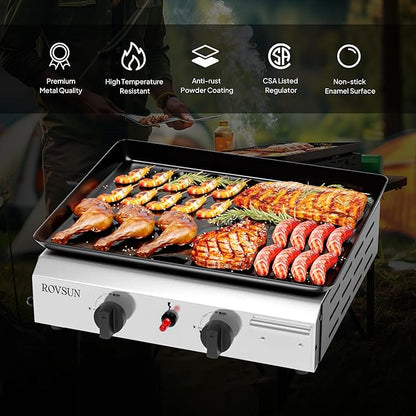 ROVSUN 2 Burner Portable Propane Griddle with Electronic Ignition & Regulator, 20,000 BTU Tabletop Flat Top Gas Grill with Nonstick Enameled Tray for Outdoor Cooking Camping BBQ Tailgating Picnicking