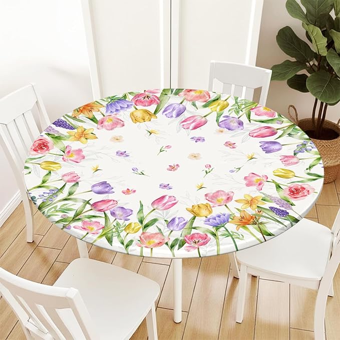 Spring Summer Easter Round Fitted Tablecloth with Elastic Edge Tulip Lavender Floral Circle Table Cloth for 40-44" Tables Wipeable Waterproof Farmhouse Flowers Table Cover for Picnic Dining Outdoor
