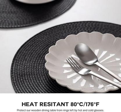 Round Placemats Set of 12 Plastic Woven Placemats Washable Wipeable Table Mats for Dining Table Heat Resistant Non-Slip Circle Place Mats (Black)