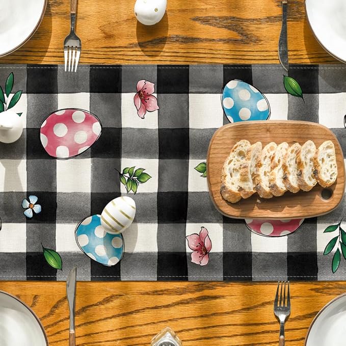 Artoid Mode Buffalo Plaid Bunny Egg Flowers Happy Easter Table Runner, Seasonal Spring Kitchen Dining Table Decor for Home Party Decor 13x72 Inch