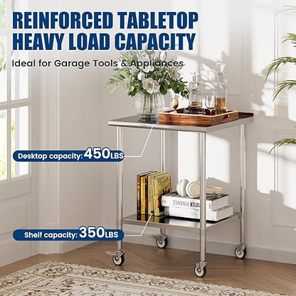 Stainless Steel Work Table with Wheels, 30x30 Inch NSF Food Prep Table with Backsplash & Adjustable Undershelf for Commercial Kitchen, Restaurant, Garage