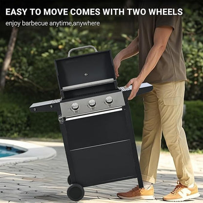 Endark Propane Gas Grill 3-Burner,26,000 BTU Stainless BBQ Grill with Porcelain-Enameled Cooking Grates,Built-In Thermometer,Includes Side Shelf and Wheels,Ideal for Backyard,Patio,Outdoor Cooking