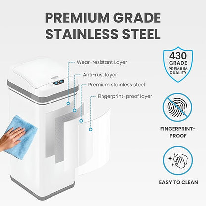 iTouchless 50 Liter / 13 Gallon Kitchen Trash Can with Lid & AbsorbX Odor Filter – Motion Sensor Chalk White Stainless Steel Garbage Bin for Home, Office, or Garage – Slim, Large Capacity Design