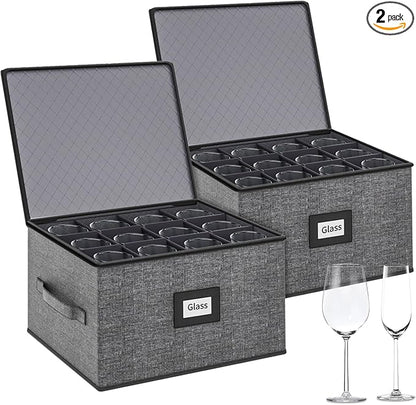 Aokeyee Wine Glass Storage Box Containers with Dividers - 2 Pack Stemware Storage Cases for 24 Crystal Glasses, Drinkware, Hard Shell for Moving & Protection(17'' x 12.8'' x 10.25'', Grey)