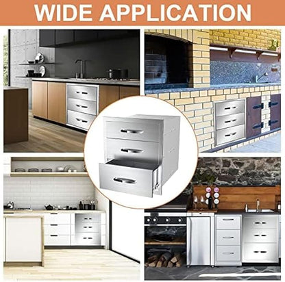 Stainless Steel Outdoor Kitchen Drawers - 3-Drawer BBQ Drawer, Built-in, Flush Mount for Outdoor Kitchens & BBQ Islands, 18Wx23Dx24H