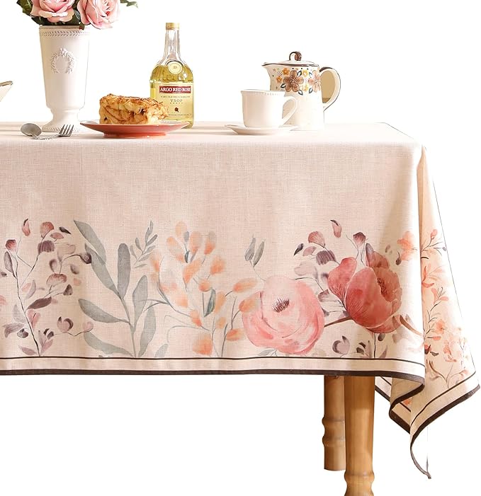 Linen Rectangle Tablecloth,French Vintage Pink Floral Pattern Wrinkle Free Table Cloth,Decorative Table Cover for Kitchen,Dining,Tea Party,Thanksgiving,Christmas,55"*79"-Sloosa