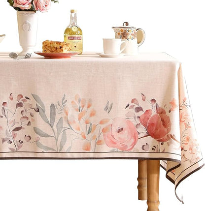 Linen Long Rectangle Tablecloth,French Vintage Pink Floral Pattern Wrinkle Free Table Cloth,Decorative Table Cover for Kitchen,Dining,Tea Party,Thanksgiving,Christmas,63"*94"-Sloosa