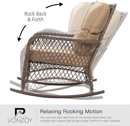 Patio Furniture Set 3 Pieces, Wicker Outdoor Rocking Bistro Set, Khaki | VONZOY - Image 3