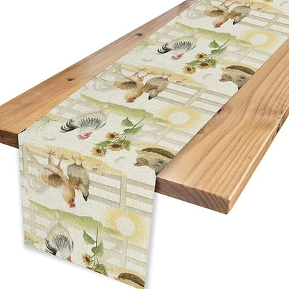 Farmhouse Rooster Table Runner, Sunflower Rooster Retro Farmhouse Sun Country Wooden Fence Chicken Coffee Table Center Decor for Home Kitchen Dining Patio Holiday Party Table Decorations 13"x72"