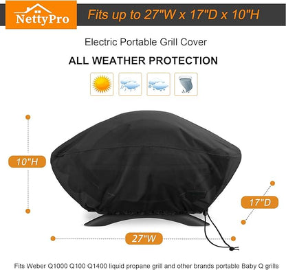 NettyPro Grill Cover for Small Q Series, Waterproof Heavy Duty UV Resistant Portable Grill Cover for Q 1400/1000 Series and Baby Q Gas, Black
