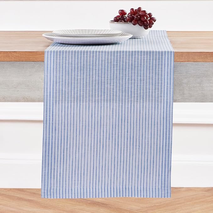 Solino Home Linen Striped Table Runner 108 Inches Long - Narrow Stripe 100% Pure Linen Cornflower Blue and White Dining Table Runner 14 x 108 Inch for Winter, Spring, Easter