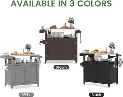 Weatherproof HIPS Outdoor Kitchen Island with Stainless Steel Top & Storage Cabinet, Movable Prep Table with Wheels for BBQ Food Prep, Outdoor Grill Cart for Parties, Grey