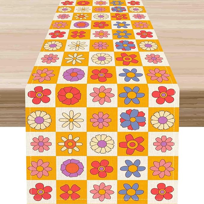 70s Table Runner, Retro Groovy Hippie Daisy Floral Colorful Checkered Funky Trippy Coffee Table Center Decor for Home Kitchen Dining Patio Holiday Party Indoor Outdoor Table Decorations, 13"x90" Inch