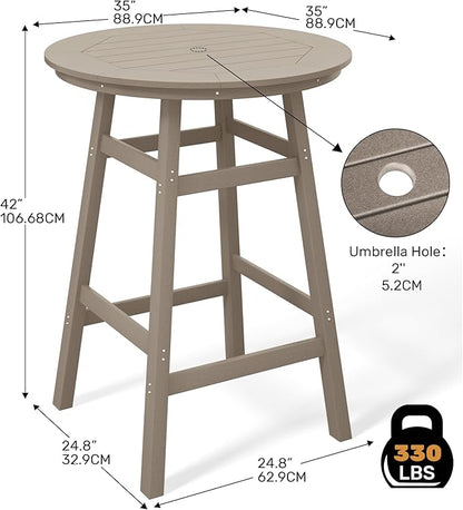 Costaelm Patio Bistro Table, 42" Counter Height Round Patio Cocktail Bar Table with Umbrella Hole, Outdoor Bistro Dining Pub Table for Front Porch Deck Backyard Garden, Weathered Wood