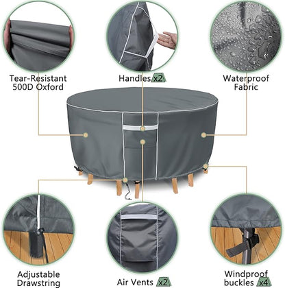 Gasadar Outdoor Round Patio Table Cover Waterproof, Round Patio Furniture Cover Outdoor for Table and Chairs,600D Heavy Duty, 72" Dia x 28" H, Grey