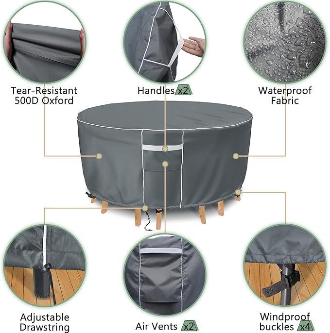 Gasadar Round Patio Furniture Cover, Waterproof Outdoor Furniture Covers for Round Table and Chairs, 600D Heavy Duty, 110" Dia x 28" H, Grey