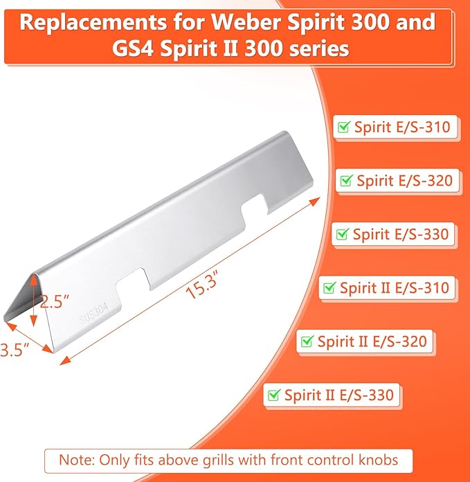 QuliMetal Grill Parts for Weber Spirit 2 300 Series, SUS304 15.3" Flavorizer Bars for GS4 Weber Spirit II E310 Grills with Front Control Knob - Replacement Parts for Weber Spirit 7636