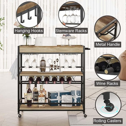 BON AUGURE Bar Cart for The Home, Bar Serving Carts on Wheels, 3 Tier Storage Drink Trolley, Rolling Wood and Metal Liquor Beverage Cart (Vintage Oak)