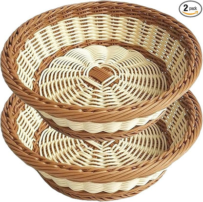 RT&BS 2pcs Round Wicker Bread Basket, Christmas Food Baskets, Eco-Friendly Sturdy Stackable Fruit Basket for Kitchen, Store, Restaurant, Party (Bicolor, M)