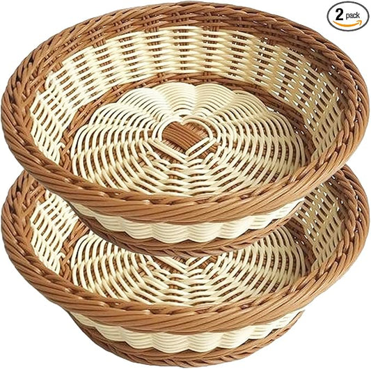RT&BS 2pcs Round Wicker Bread Basket, Christmas Food Baskets, Eco-Friendly Sturdy Stackable Fruit Basket for Kitchen, Store, Restaurant, Party (Bicolor, M)