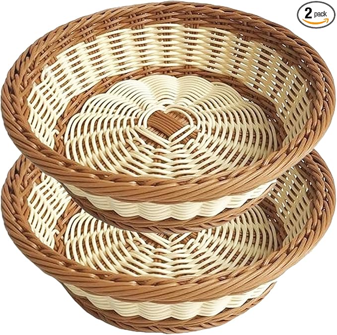 RT&BS 2pcs Round Wicker Bread Basket, Christmas Food Baskets, Eco-Friendly Sturdy Stackable Fruit Basket for Kitchen, Store, Restaurant, Party (Bicolor, S)