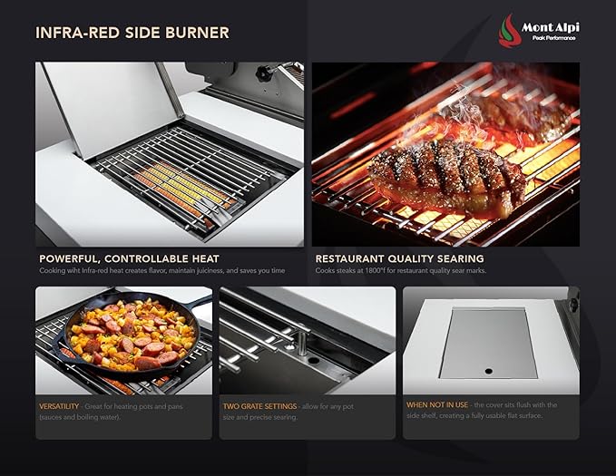 Mont Alpi 805 MAi805-D 6-Burner 115000 BTU Stainless Steel Outdoor Kitchen Island BBQ Gas Grill + 2 Infrared Side Burners Granite Countertops, Storage Drawers & Cabinets, Rotisserie Kit, Weather Cover