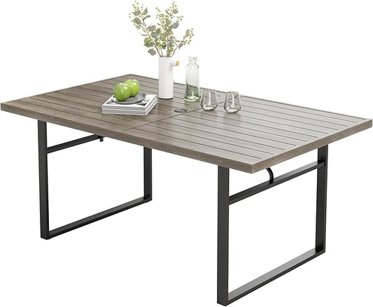 Outdoor Patio Dining Table for 6, Teak Rectangle Patio Table with Umbrella Hole, All Weather Wrought Iron Black Outdoor Table for Garden Backyard Lawn Yard