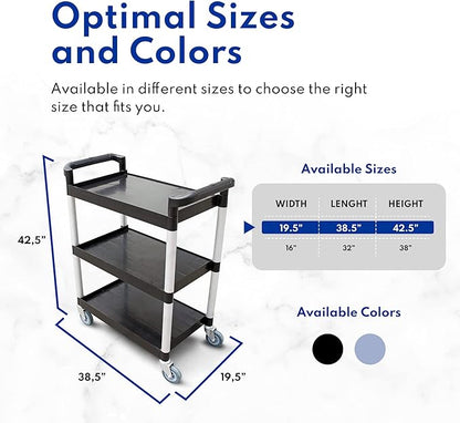 New Star Foodservice 54552 350-Pound Plastic 3-Tier Utility Bus Cart with Locking Casters, 42.5" x 19.5" x 38.5", Black