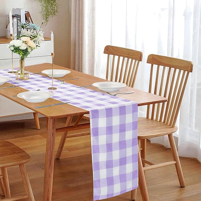Fabric Checkered Table Runner 1 Pack Waterproof Gingham Table Runner 14W x 108L Buffalo Check Table Runners for Parties Kitchen Dining Wedding Banquet (Lavender and White)