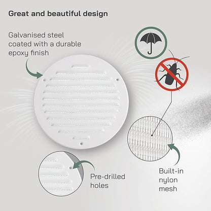 Vent Systems 6 Inch (Inner) Pack of 5 White Vent Cover - Round Metal HVAC Return Air Grille with Mesh Screen - Register Soffit Wall Vent - Outdoor, Indoor, Crawlspace - Exhaust Ventilation Grill