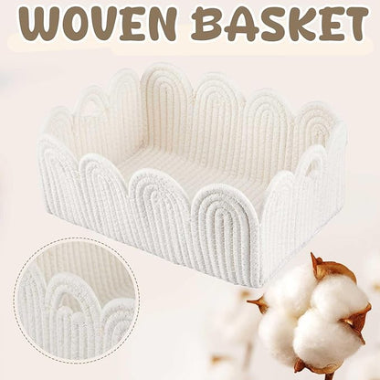 2 Pcs Small White Scalloped Wicker Hand-Woven Rattan Baskets with Built-in Handles and Clear Gift Bags 12"X 8" X 5" for Baby Diaper Caddy Basket Baby Shower Gifts Easter Egg Storage