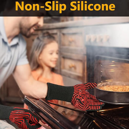 BBQ Gloves, BBQ Accessories 1472℉ Extreme Heat Resistant, Grilling Gloves Silicone Non-Slip Oven Mitts, Kitchen Gloves for BBQ, Grilling, Cooking, Baking-1 Pair 14inch
