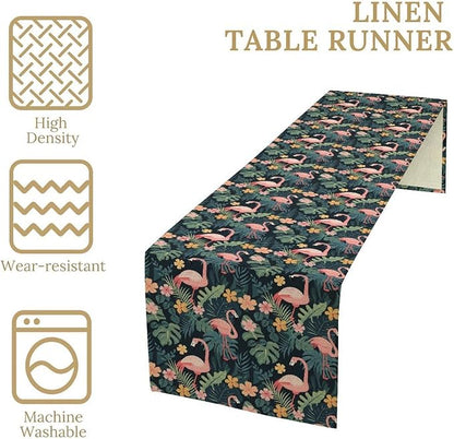 Tropical Flamingo Table Runner,Hawaii Seasonal Floral Spring Summer Green Plants Table Center Decor for Family Kitchen and Living Room Outdoor Farmhouse Party Table Decorations, 13"x90"