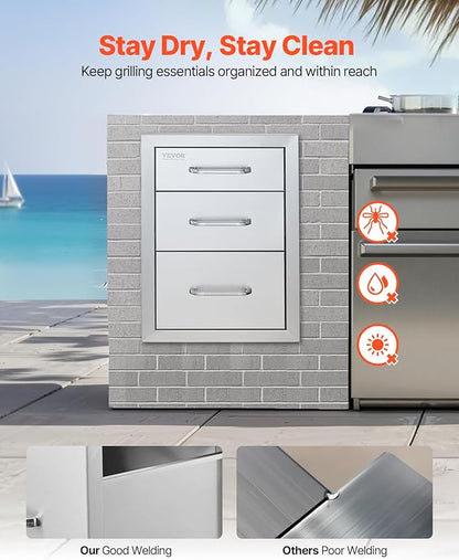 VEVOR 14x20.3 Inch Outdoor Kitchen Drawers Stainless Steel, Flush Mount Triple Drawer, 14W x 20.3H x 23D Inch, with Stainless Steel Handle, BBQ Drawers for Outdoor Kitchens or BBQ Island