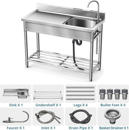 Stainless Steel Sink, Free Standing Kitchen Sink with Countertop Workstation, Utility Sinks Single Bowl with Cold and Hot Water Pipe Indoor Outdoor (47 Inch)