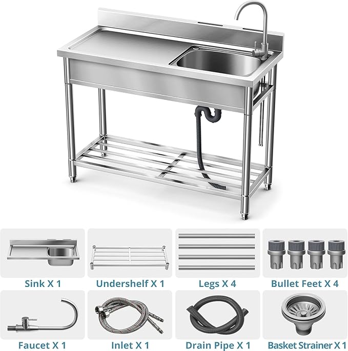 Stainless Steel Sink, Free Standing Kitchen Sink with Countertop Workstation, Utility Sink Single Bowl with Cold and Hot Water Pipe for Kitch Laundry Room Garage Farmhouse Indoor Outdoor (39 Inch)