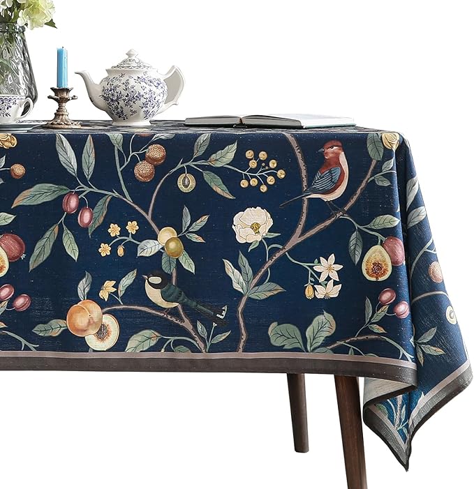 Linen Table Cloth Rectangle,Wrinkle Resistant French Blue Tablecloth Print with Froal,Decor Stitch Table Cloth for Thanksgiving,Dining Room,Home,Kitchen 67" × 118"-DeweyA Blue