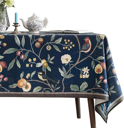 Linen Square Blue Tablecloth,Wrinkle Resistant French Vintage Tablecloth Print with Foral,Decor Table Cloth for Thanksgiving,Dining Room,Home,Kitchen 55" × 55"-DeweyA Blue