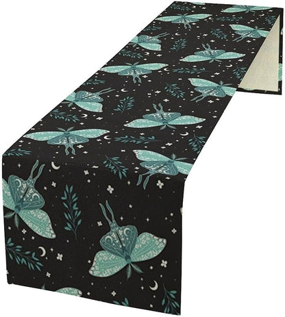 Butterfly Moth Table Runner, Boho Moon Green Leaves Plant Print Table Runner for Farmhouse Kitchen Dining Table Holiday Party Home Decor 13x108in
