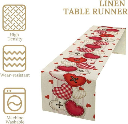 Valentines Day Table Runner,Rustic Red Heart Buttons Runner for Table Seasonal Romantic Decor for Indoor Outdoor Dining Table Decorations, 13"x108"