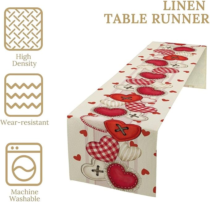 Valentines Day Table Runner,Rustic Red Heart Buttons Runner for Table Seasonal Romantic Decor for Indoor Outdoor Dining Table Decorations, 13"x72"
